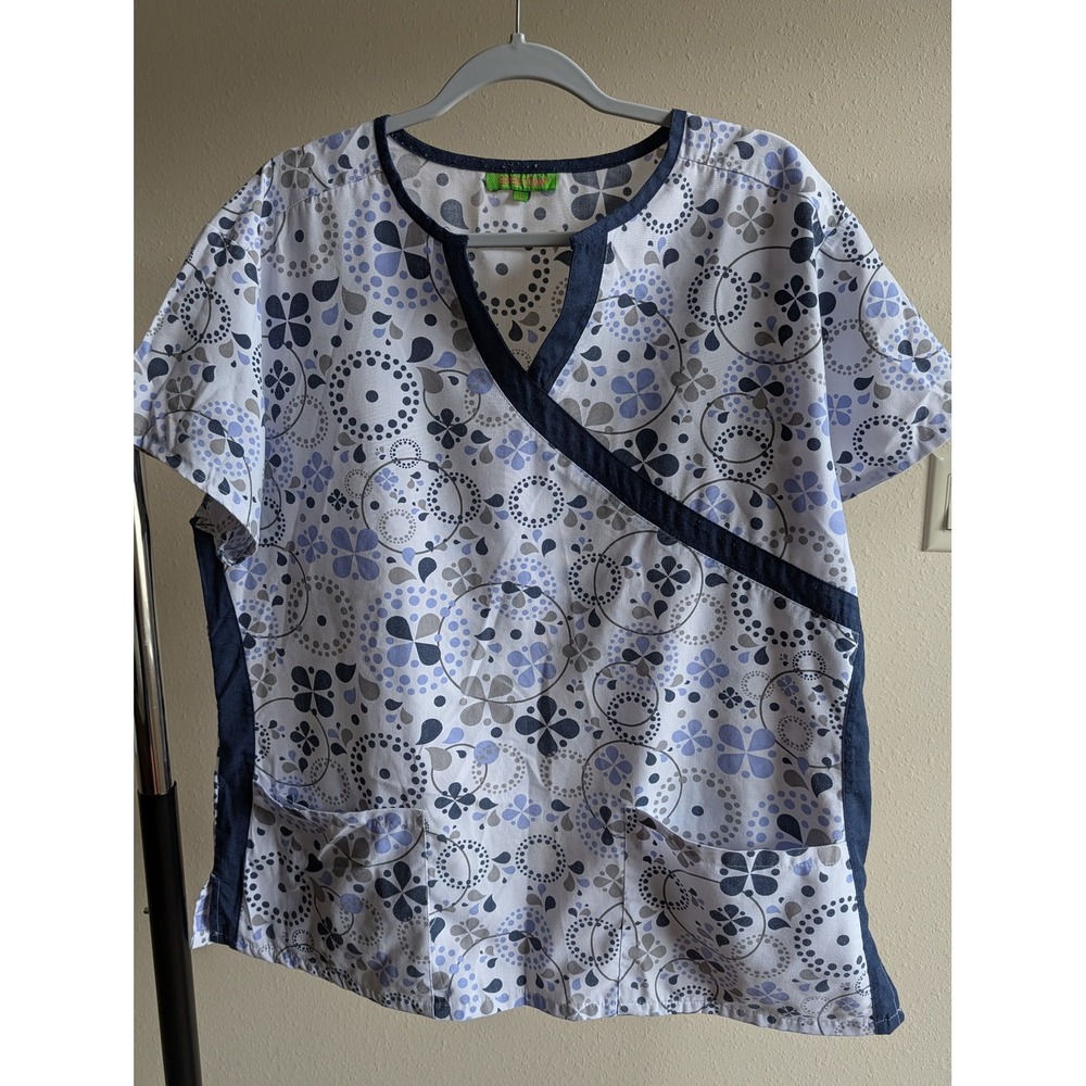 Green Town Floral Geometric Mock Wrap Scrub Top Navy Blue White XL 936/1079NV